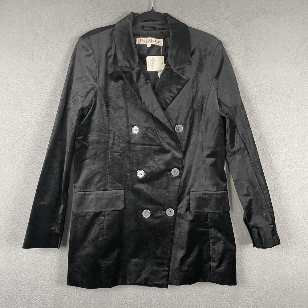 Free People Blazer Womens S Black Velvet Lined Collared Button Pockets